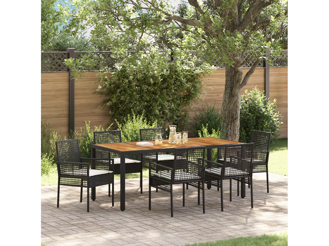 Conjunto 7 De Jantar Para Jardim De Vidaxl Com Almofadas Em Rattan Preto