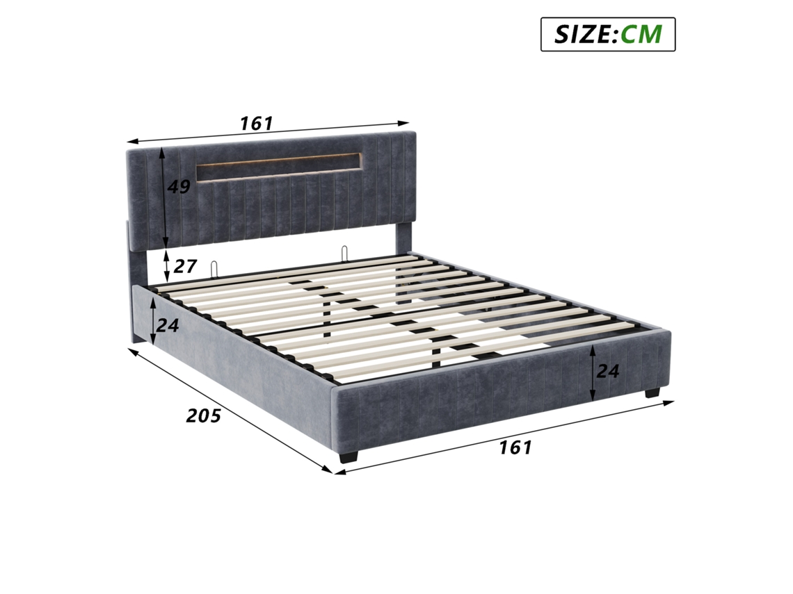 Cama De Casal 160 X 200 Cm Com Iluminação Led, Caixa Hidráulica, Cabeceira Acolchoada, Espaço De Arrumação Extragrande, Veludo, Colchão Não Incluído