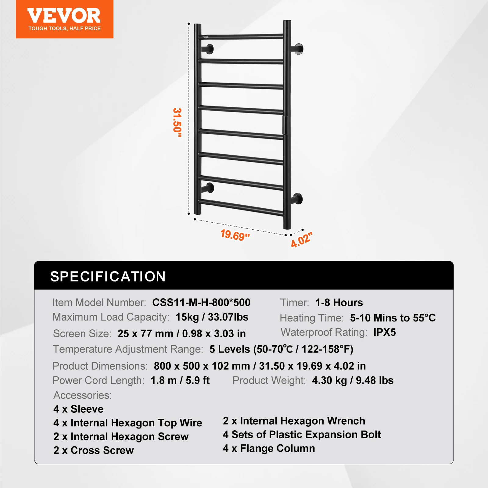Suporte térmico para toalhas, temporizador inteligente, estrutura durável em aço inoxidável, preto, 8 hastes OEM