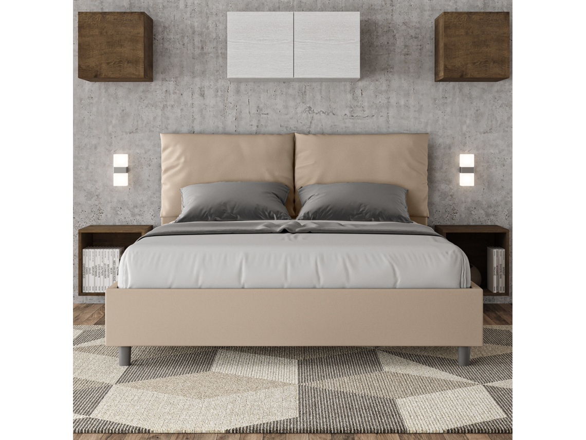 Cama de Casal Queen Size Con Estrado Estofada AnteaITYHOME (160 x 210 cm - Painéis de Melamina e Couro Sintético)