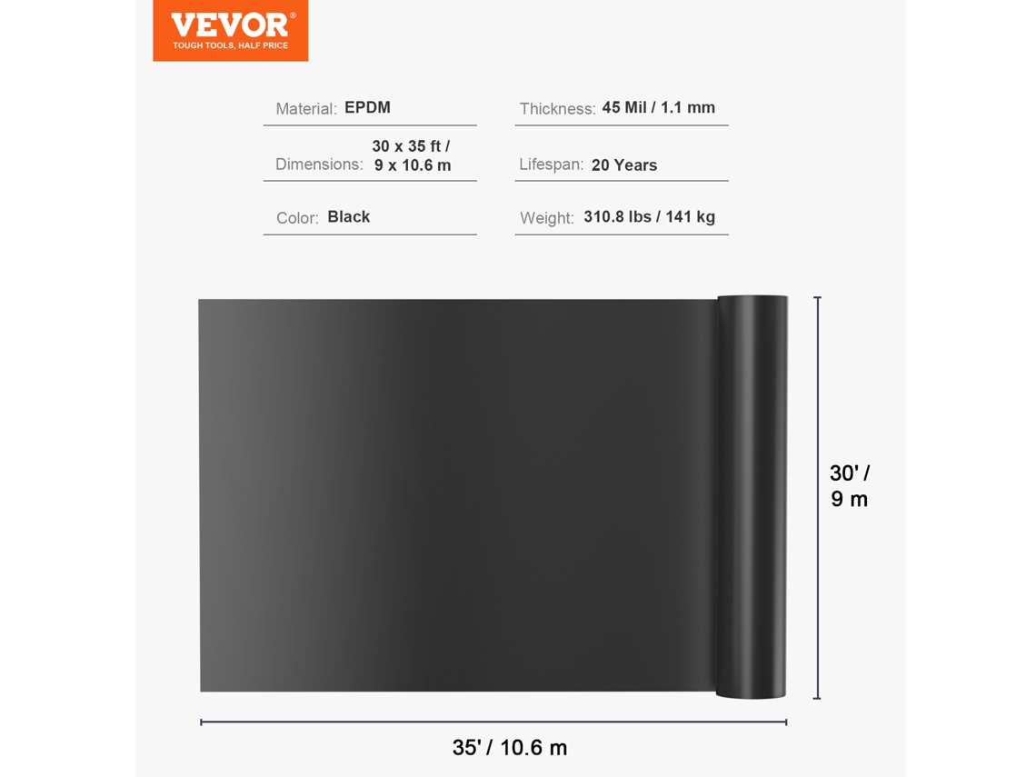 Forro de Lago VEVOR 30 X 35 Pés 45 Mil de Espessura Peles de Lago de Material Epdm Maleável Base de Corte Fácil para Lagos de Peixes Ou Koi