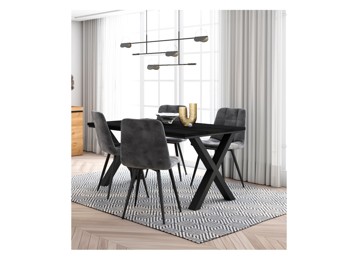 Conjunto Móveis Mesa de Sala de Jantar 140 Preto Estilo Industrial Conjunto de 4 Cadeiras de Jantar Cadeira Estofada DUERMETE ONLINE
