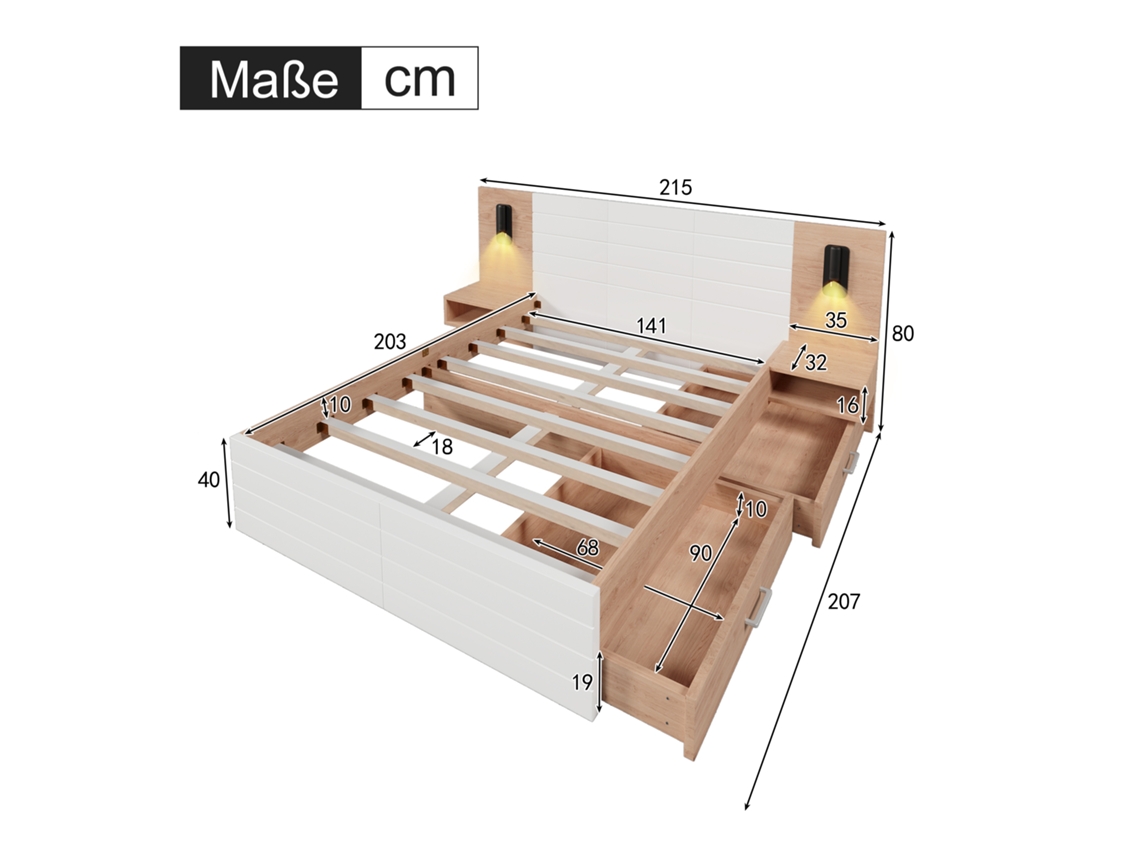 Cama De Casal Cama De Madeira 140×200cm Com 2 Gavetas, Luz De Leitura De Cabeceira Com Usb, 2 Cômodas De Cabeceira, Carvalho / Branco, Com Colchão