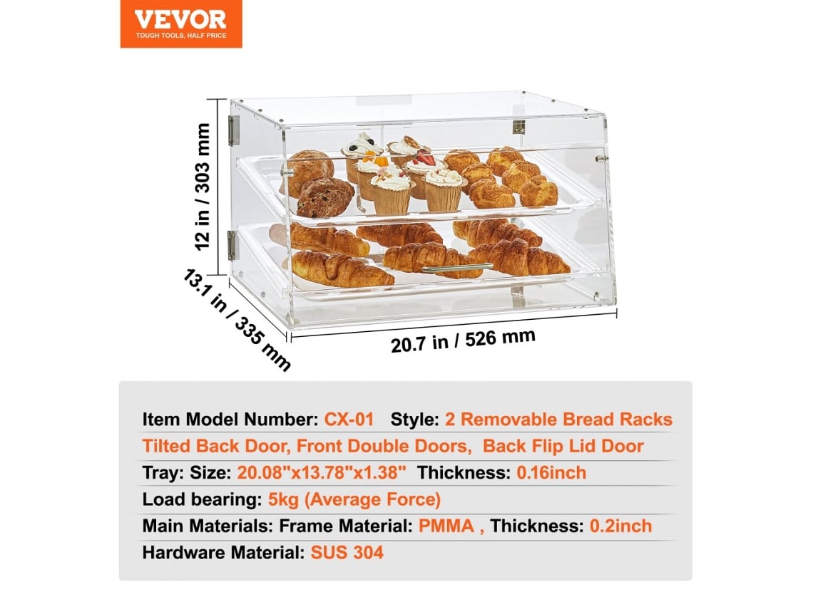 VEVOR 2 Camadas Acrílico Padaria Vitrine Bancada Donut Pastelaria Caso Porta Traseira