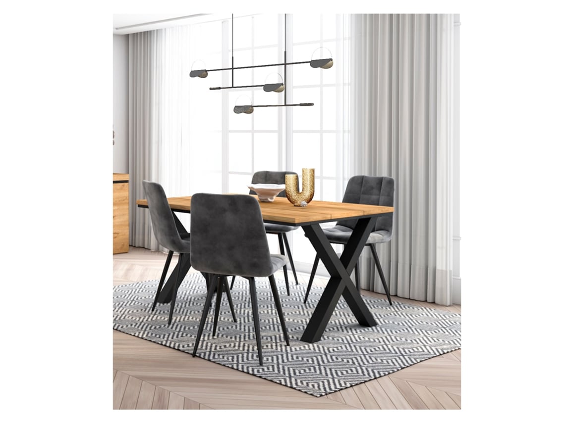 Conjunto Móveis Mesa de Sala de Jantar 140 Oak Estilo Industrial Conjunto de 4 Cadeiras de Jantar Cadeira Estofada DUERMETE ONLINE