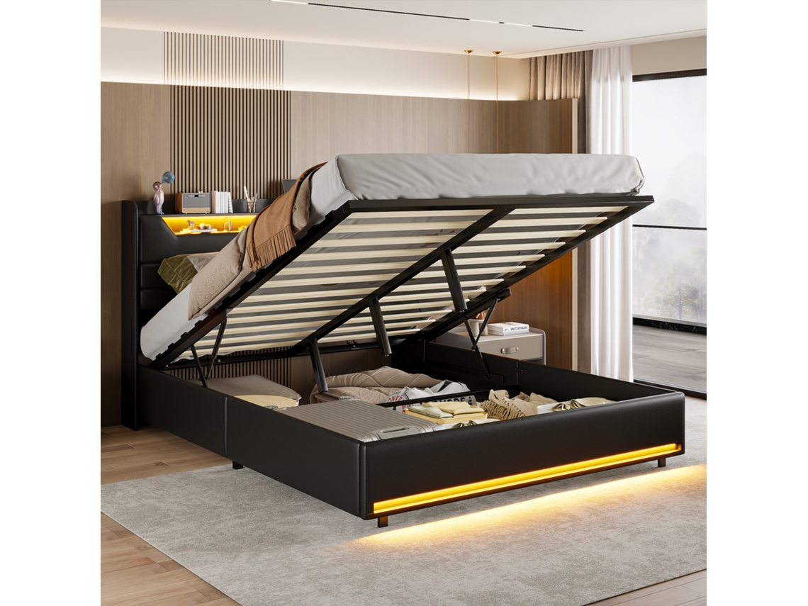 Cama Estofada, Cama De Casal 140x200, Led E Usb, Estrutura De Cama Com Arrumação Hidráulica, Quarto, Pu Preto, Sem Colchão Rosahqnda