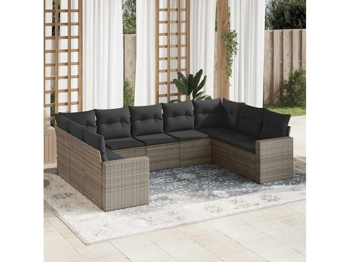 Conjunto 9 sofás p/ jardim com almofadões vime PE cinzento