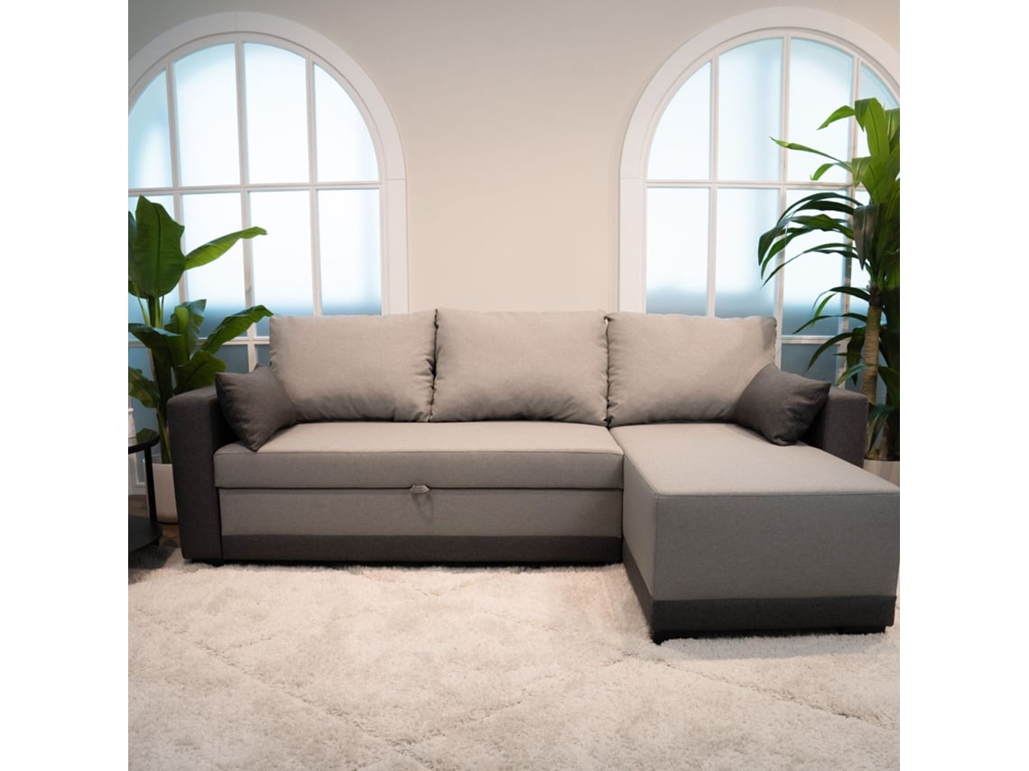 Sofá Cama 3 Lugares BUDWING Leah Bicolor Cinza + Chaise Longue (233 x 140 x 69 cm - Reversível Lado Direito/Esquerdo)