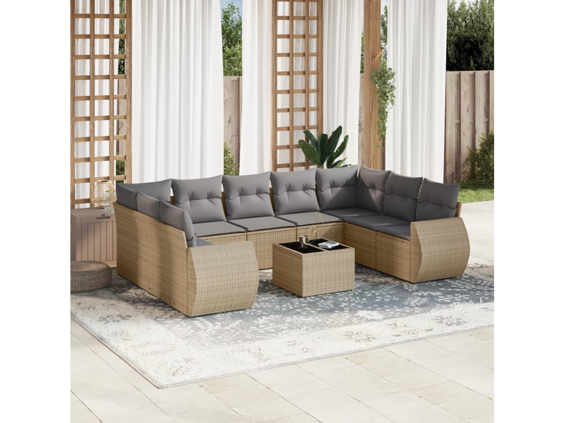 Conjunto 10 de sofás p/ jardim com almofadões VIDAXL vime PE bege