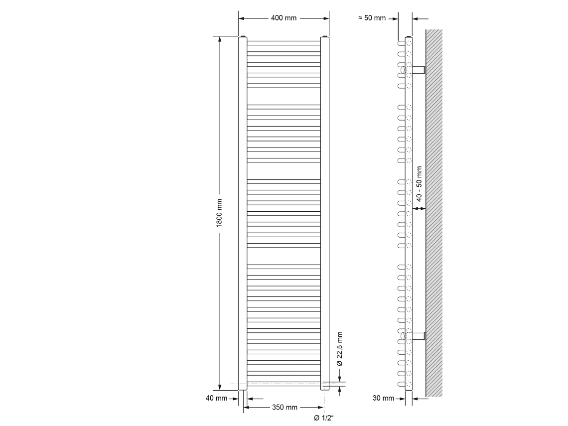 Radiador Elétrico de Casa de Banho com Barra de Aquecimento 1200W 400X1800 Mm Branco LUXEBATH