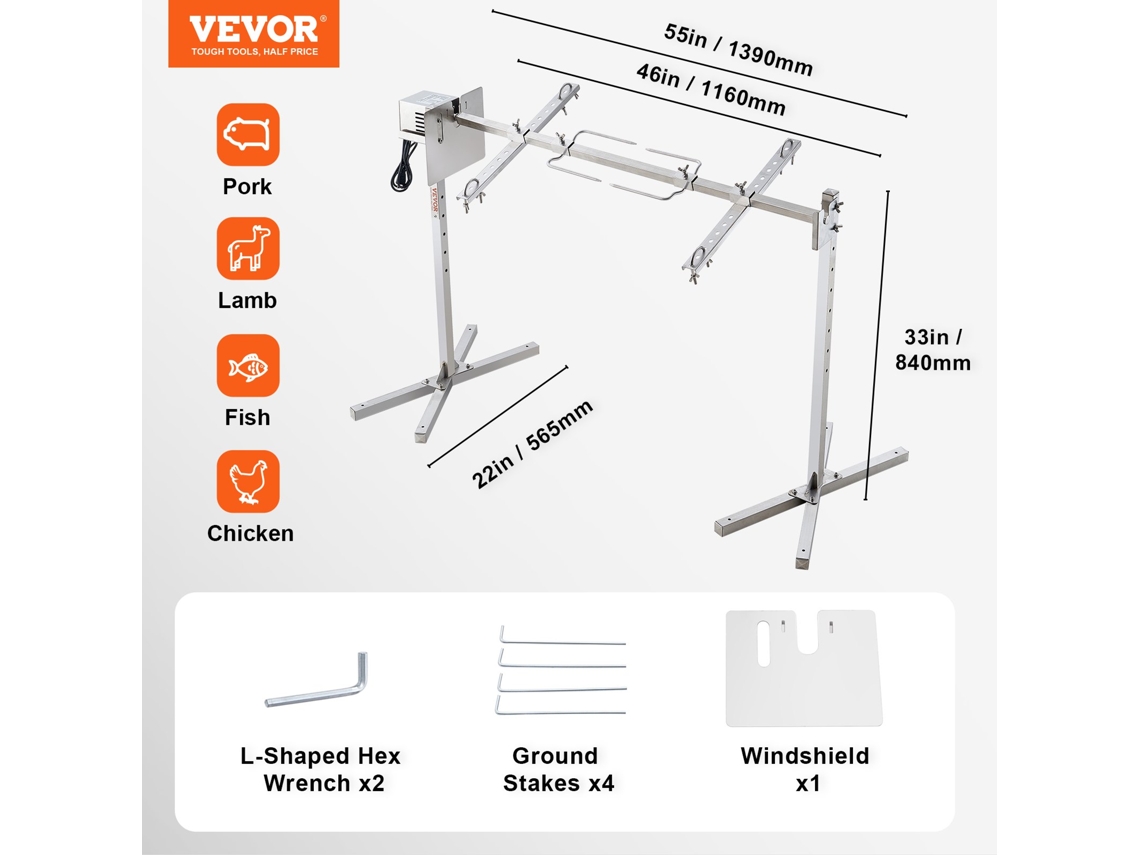 VEVOR Grelhador de Cordeiro Leitão Assado Grelhador 42W 41Kg Churrasco Elétrico