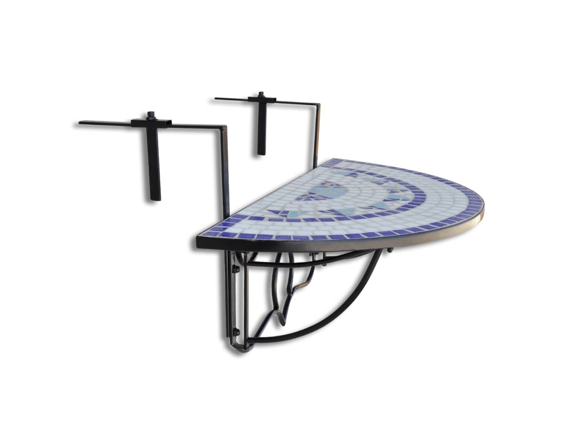 Mesa Suspensa Varanda Mosaico Azul Branco Ferro Cerâmica 76x56x64cm