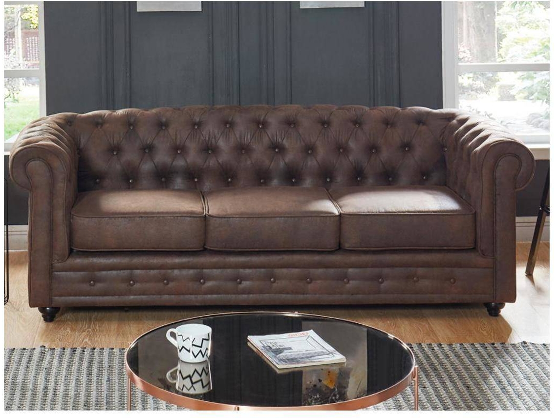 Conjunto Sofá Fixo Chesterfield VENTE-UNIQUE (Castanho - Tecido e Veludo - 205x88x72 cm)