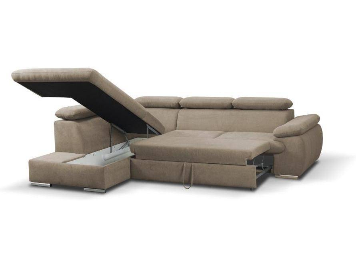 Sofá Cama Fabien VENTE-UNIQUE (Bege - Tecido e Veludo - 271x221x96 cm/Dimensões da cama: 120 – 139 cm)