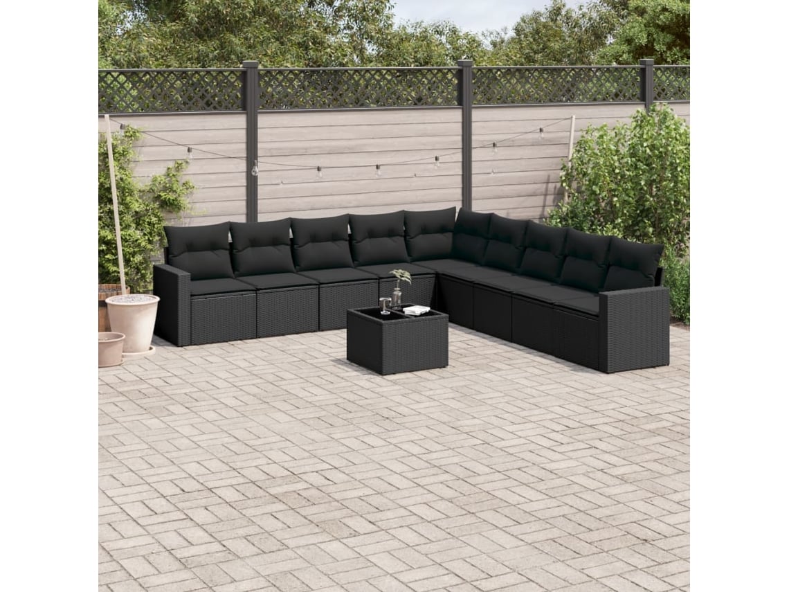 Conjunto 10 sofás de jardim c/ almofadões VIDAXL vime PE preto
