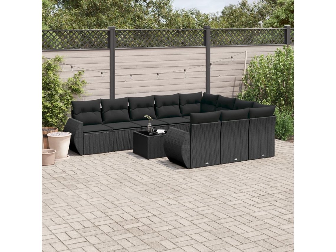 Conjunto 11 sofás de jardim c/ almofadões VIDAXL vime PE preto