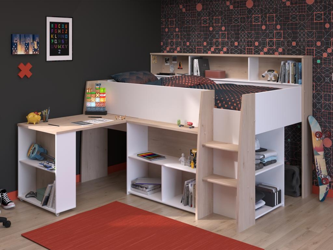 Cama combinada com secretária e arrumação APOLINO VENTE-UNIQUE Natural claro, Branco 90x200 cm - Sem colchão - Com sommier