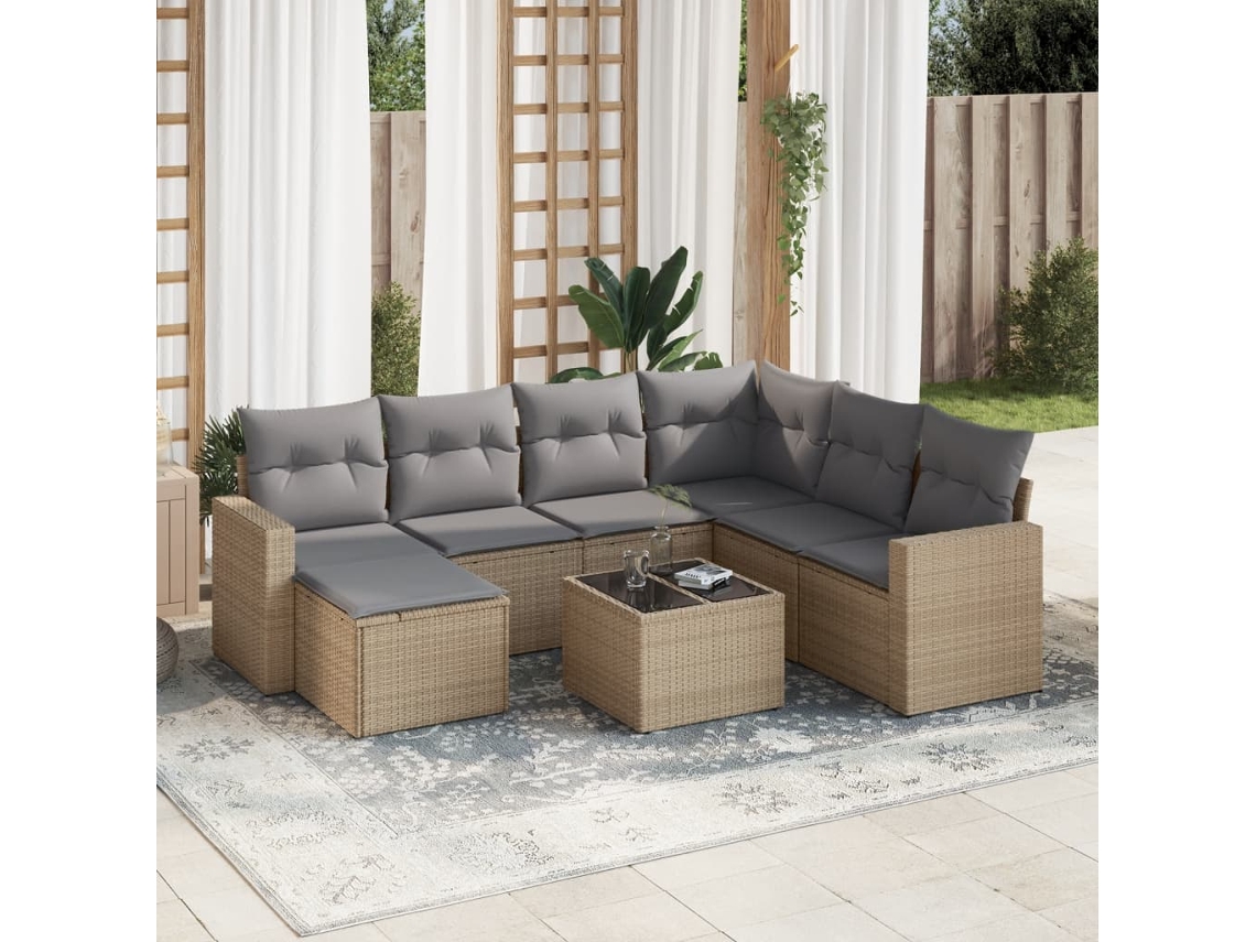 Conjunto 8 de sofás p/ jardim VIDAXL com almofadões vime PE bege