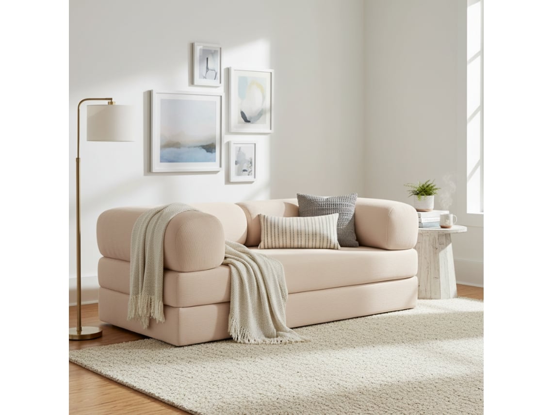 Sofá Cama Modular Comprimido Em Veludo Cotelê Bananair 90x180 Cm Bege