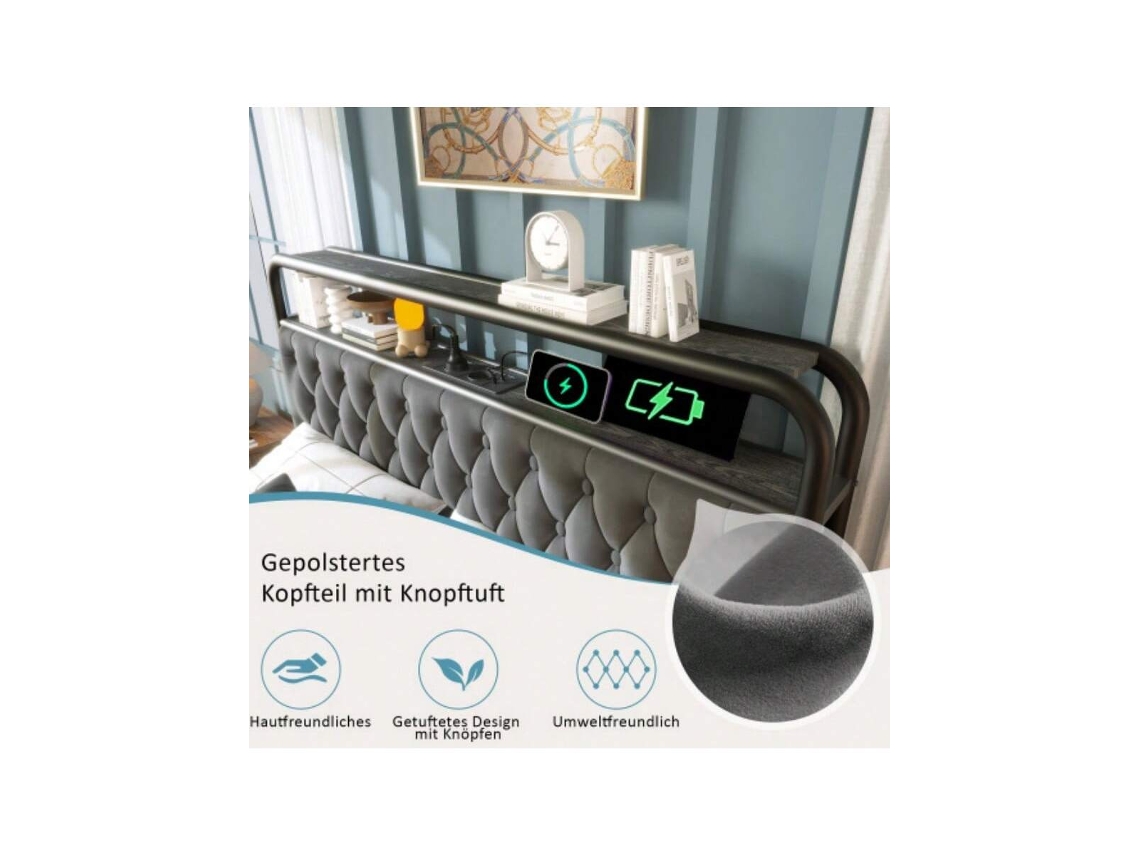 Cama De Casal Estofada Com Função De Carregamento Usb Tipo C, Estrutura De Cama Led Com Controle Por Aplicativo, Estrutura De Cama De Metal 160×200