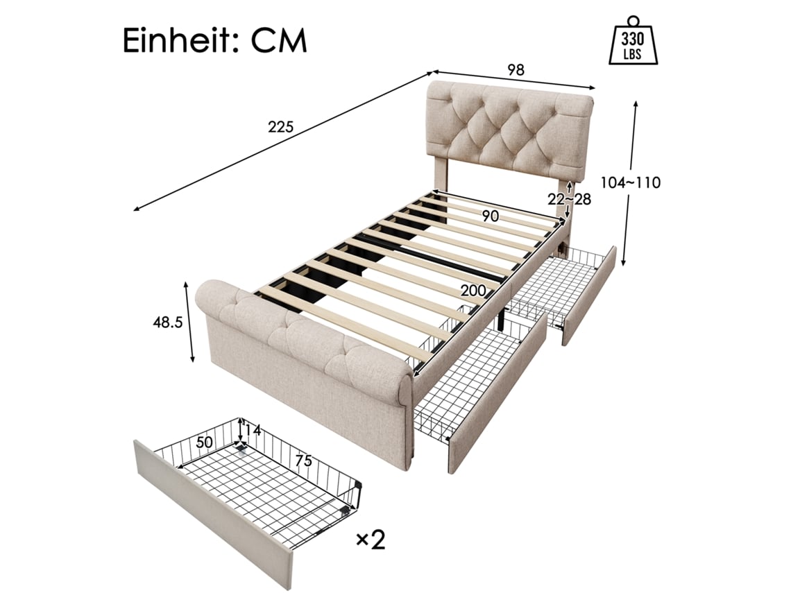 Cama Com Colchão De Solteiro E Cabeceira E Gavetas Estofada Chesterfield Pangshiyaun Bege (110x225x98cm)