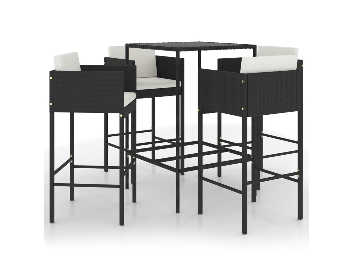 Conjunto de Bar de Jardim de 5 Peças com Almofadas de Vime Sintético Preto