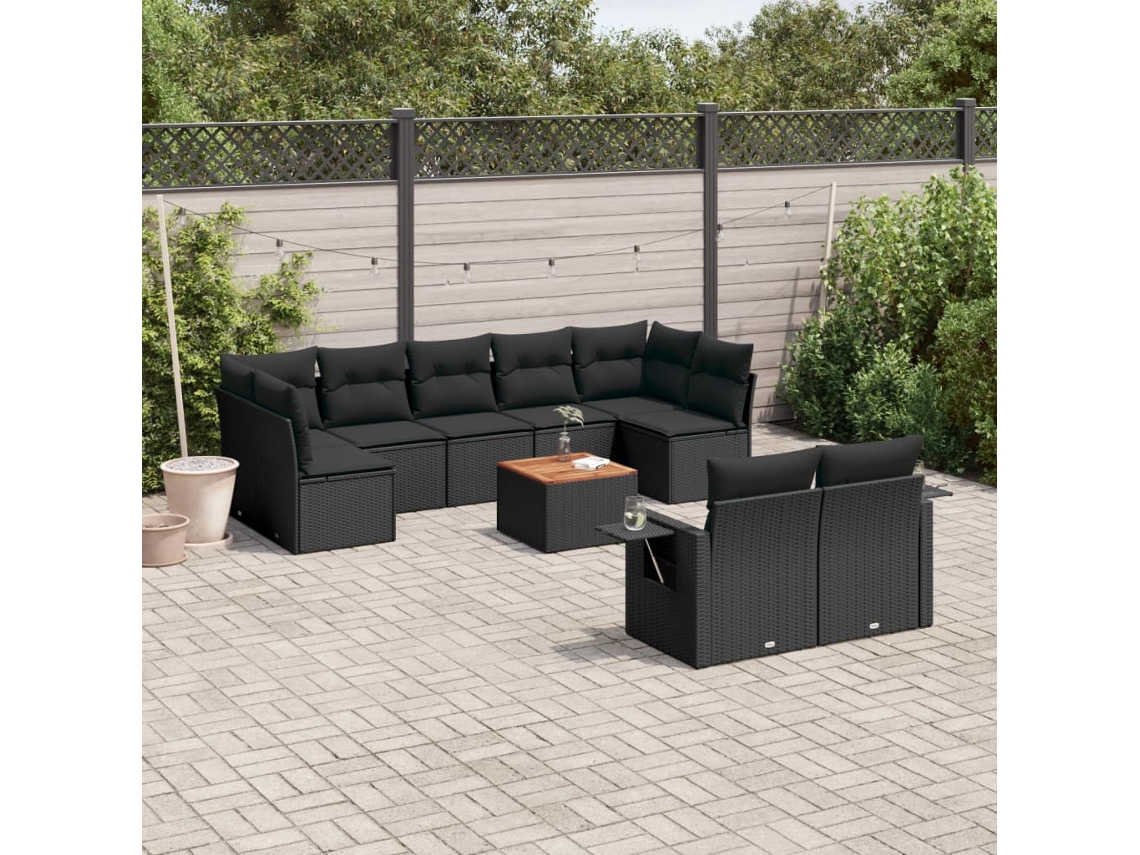 Conjunto 10 sofás de jardim c/ almofadões VIDAXL vime PE preto
