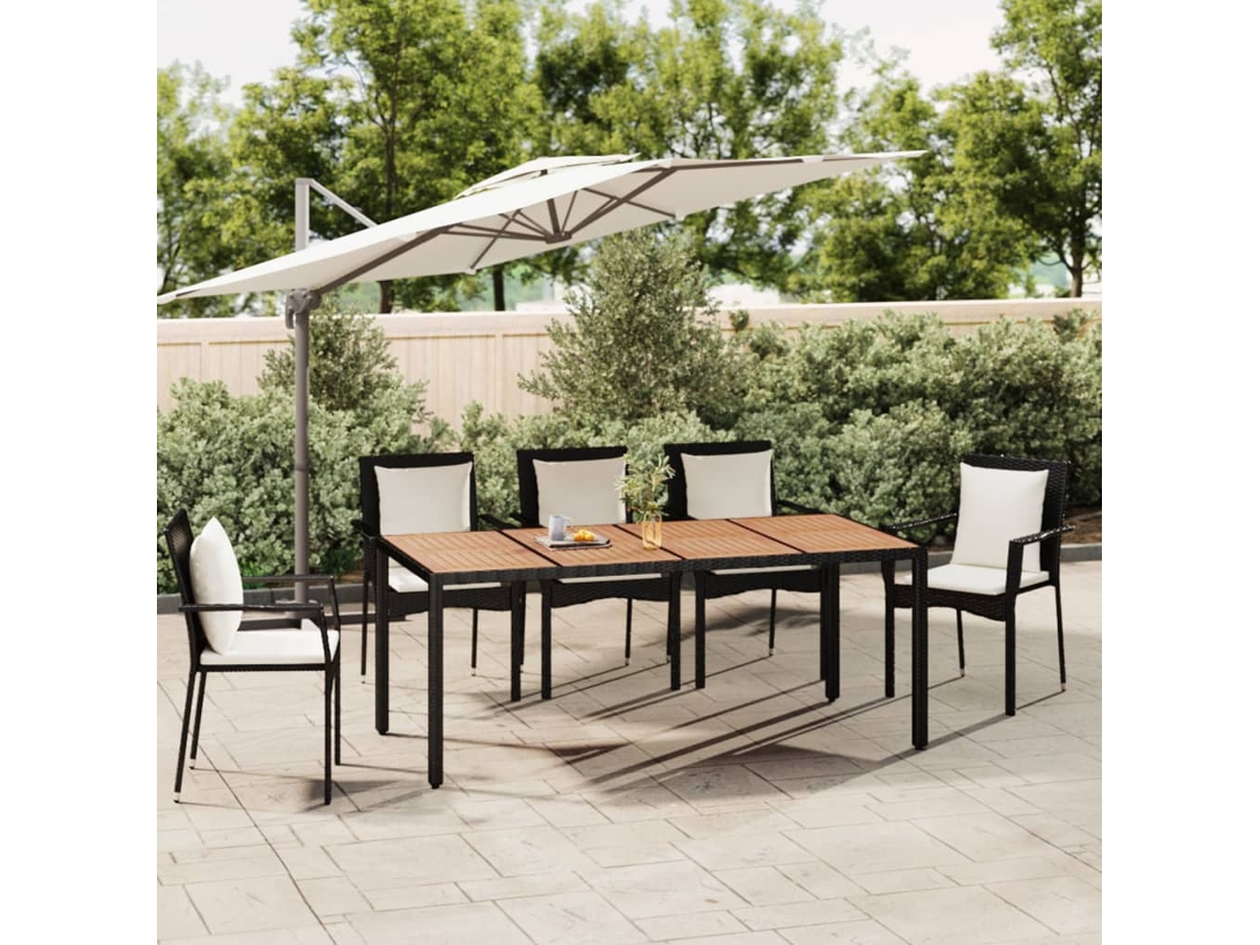 Mesa de jardim com tampo de madeira VIDAXL Preto Rattan / Vime (190x90x75 cm)