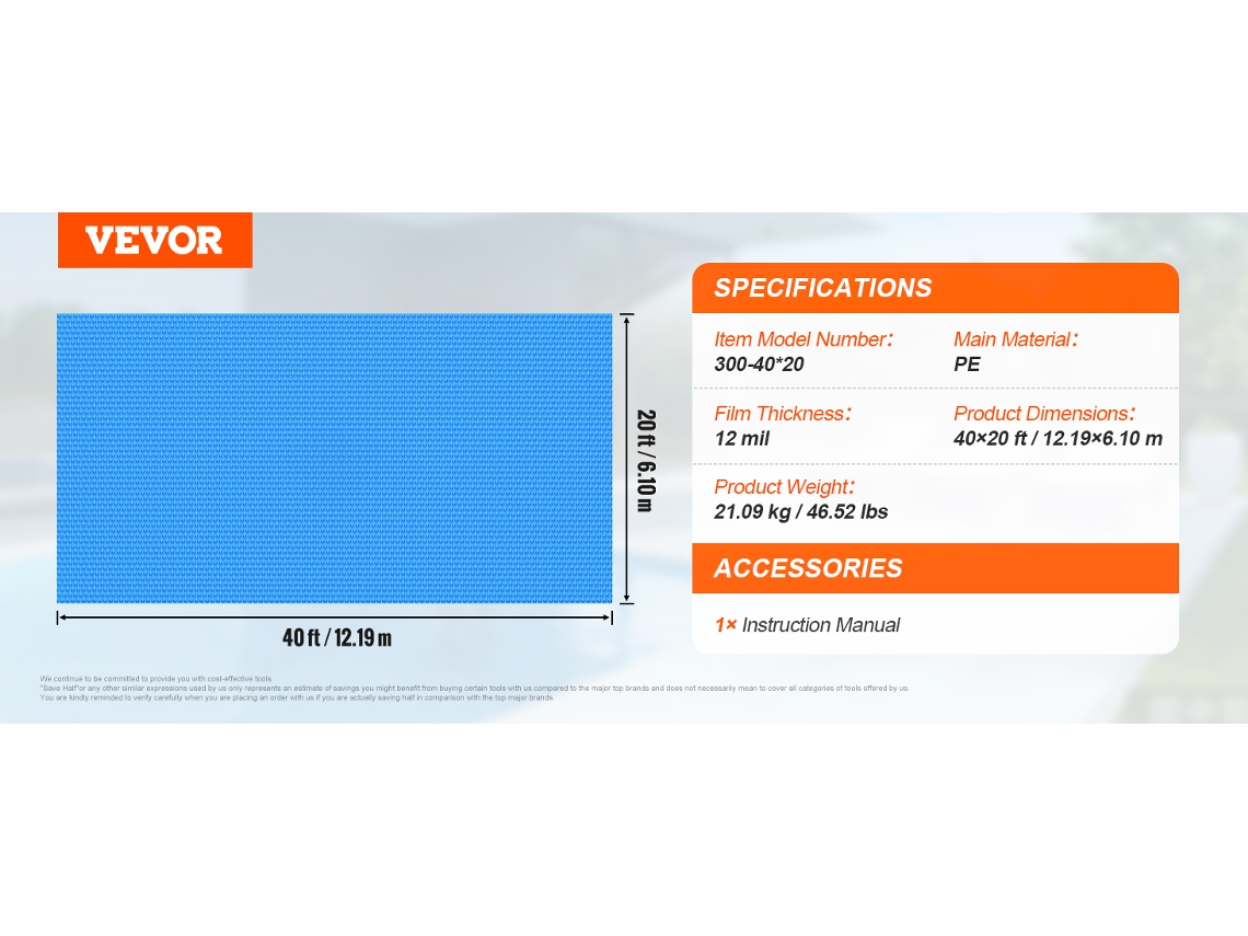 Cobertura Solar para Piscina VEVOR 40 X 20 Pés Enterrada Acima Do Solo para Piscinas Cobertor Solar 12 Mil