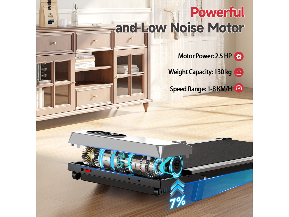 Passadeiras de Corrida RACINGREAT Velocidade Máx 8Km/H 2.5Hp com Controlo Remoto Superfície de Corrida 95X38.5Cm Peso Máx 130Kg Prateado