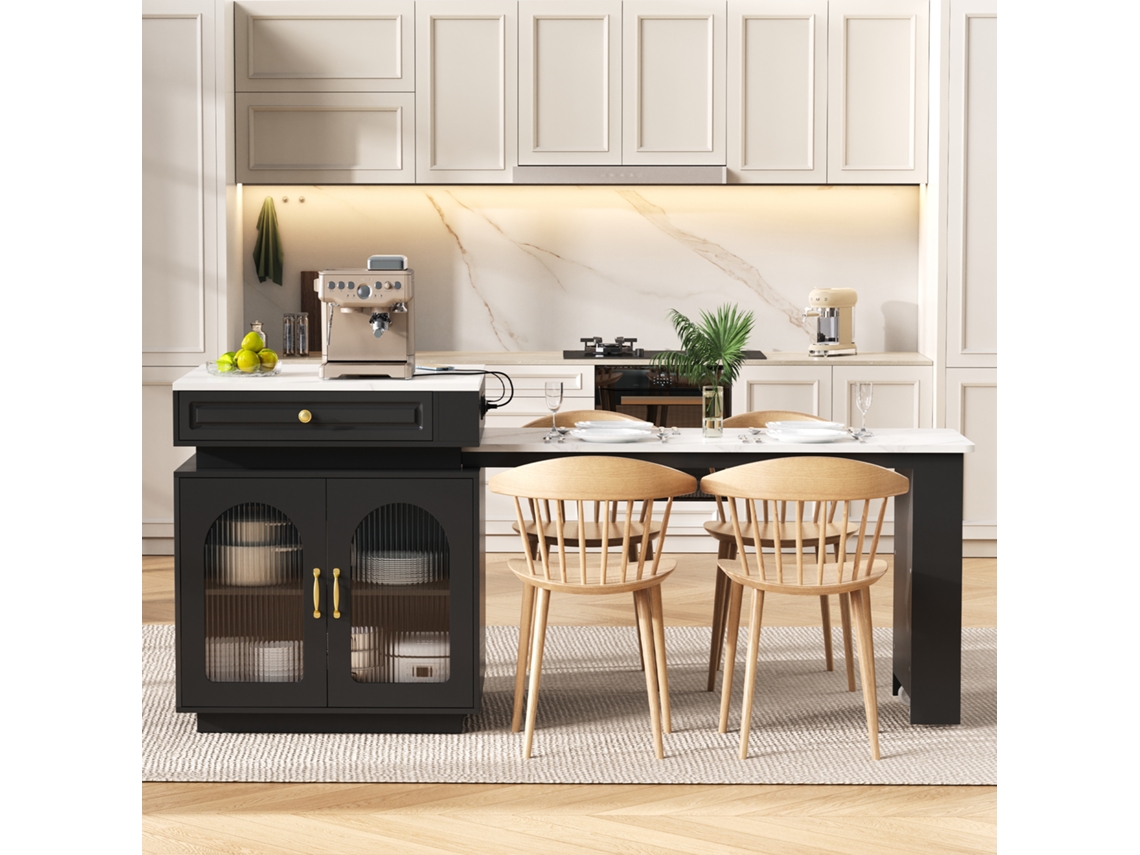 Mesa De Jantar Extensível Com Led, Ilha De Cozinha Com Rodas E Tomadas, Ideal Como Mesa De Bar, Anexo Ou Aparador Para Cozinha E Sala. Bga Store