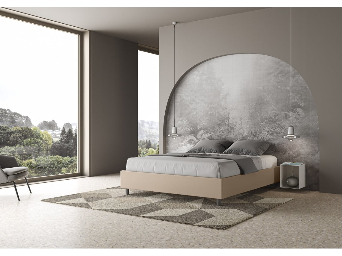 Cama de Casal Queen Size com Arrumação Estofada Sem Cabeceira AzeliaITYHOME (160 x 210 cm - Painéis de Melamina e Couro Sintético)
