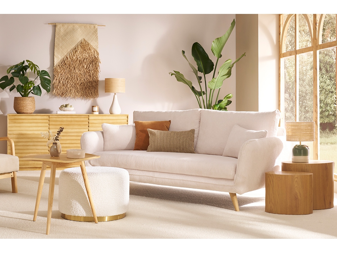 Sofá escandinavo de 3 lugares em veludo canelado creme e madeira clara CREEP MILIBOO
