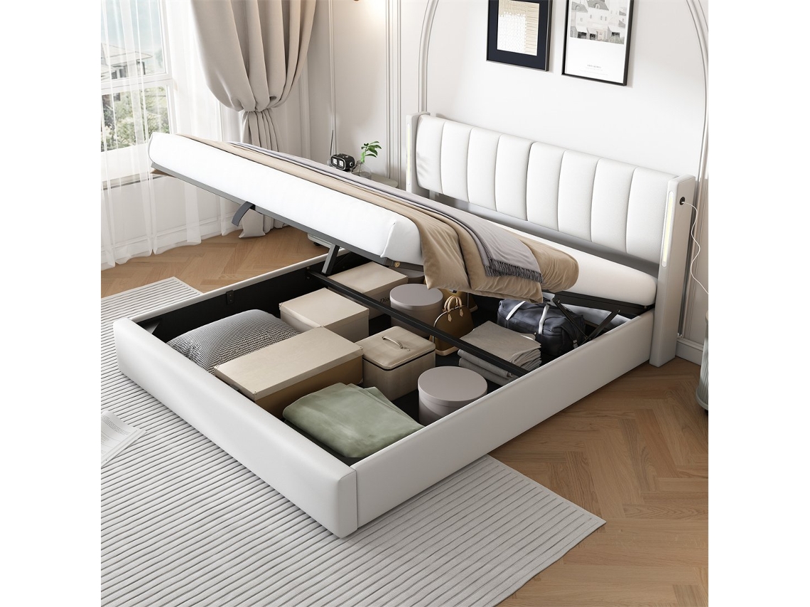 Cama Com Cabeceira E Arrumação Estofada Hidráulica Iluminação Led Espaço Gutent Pele Sintética Branco (160x200)