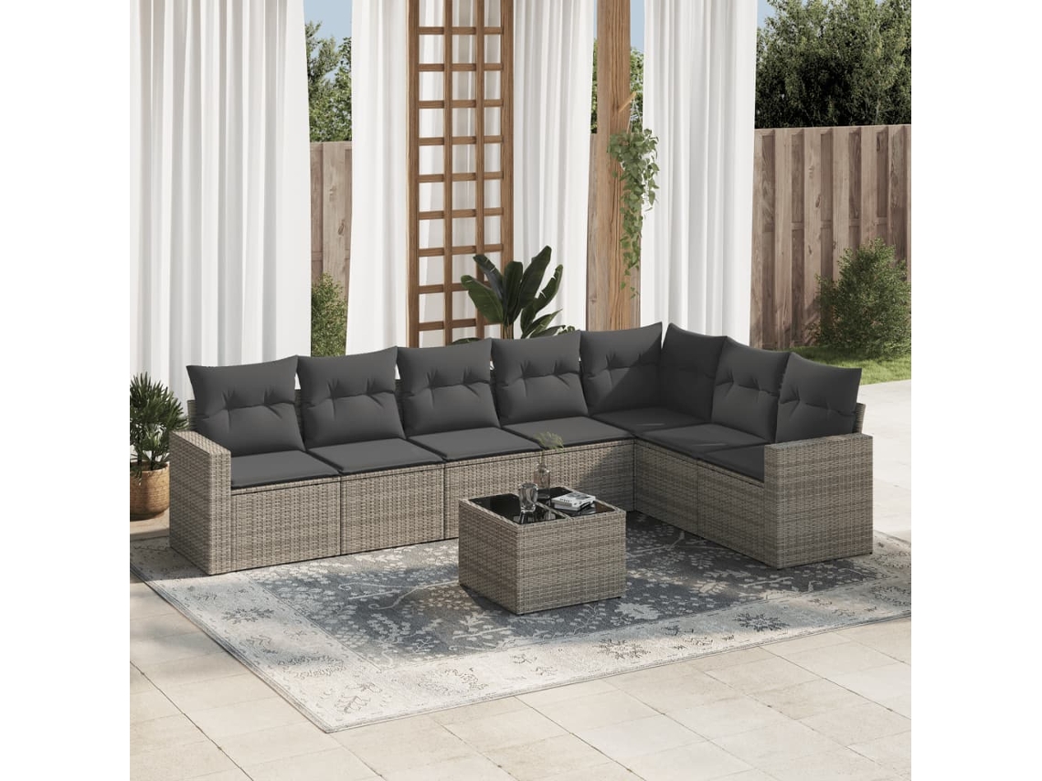 Conjunto 8 sofás de jardim c/ almofadões VIDAXL vime PE cinzento