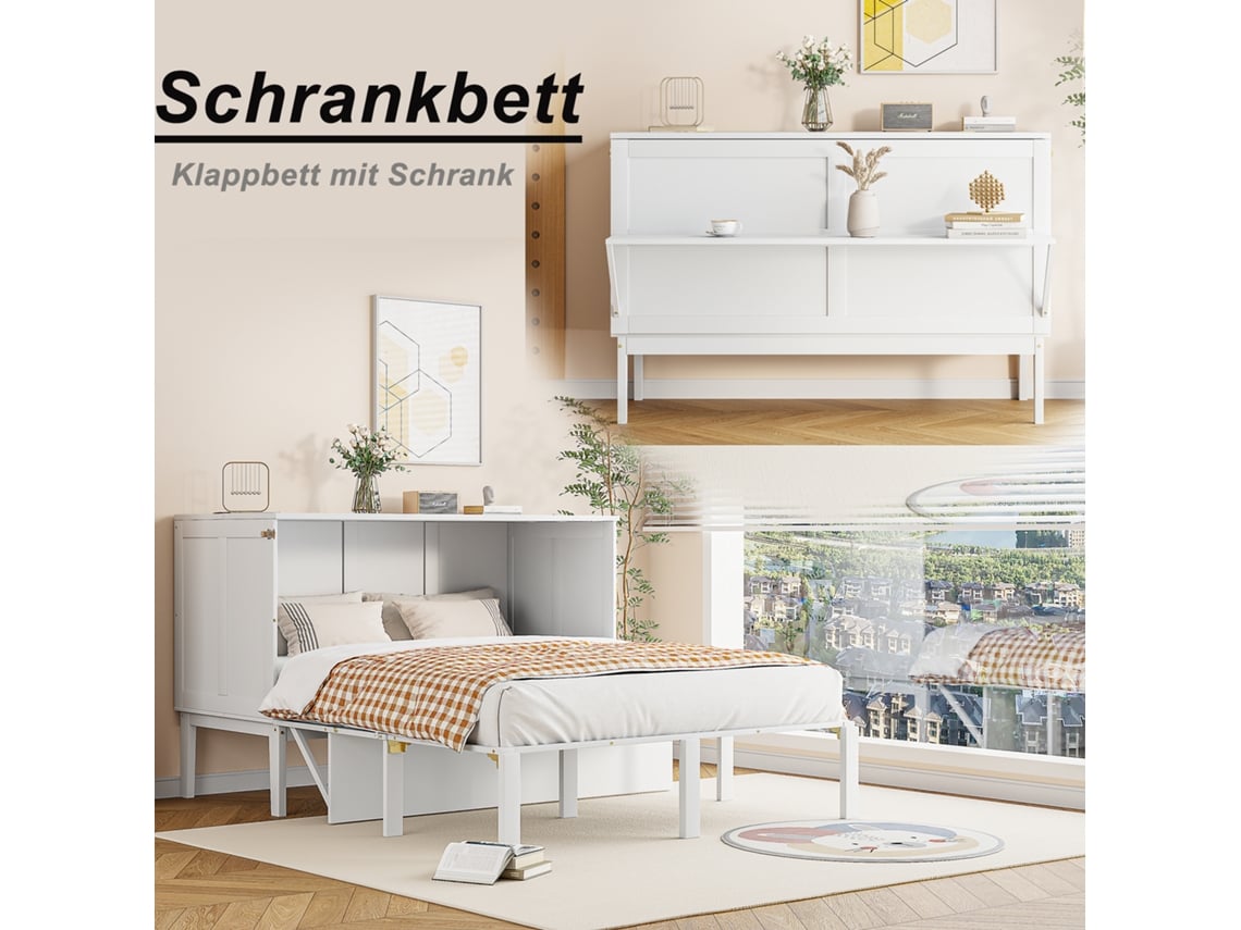 Cama Murphy 140x200 Cm, Dobrável, Parede, Estrutura Ripada, Branca