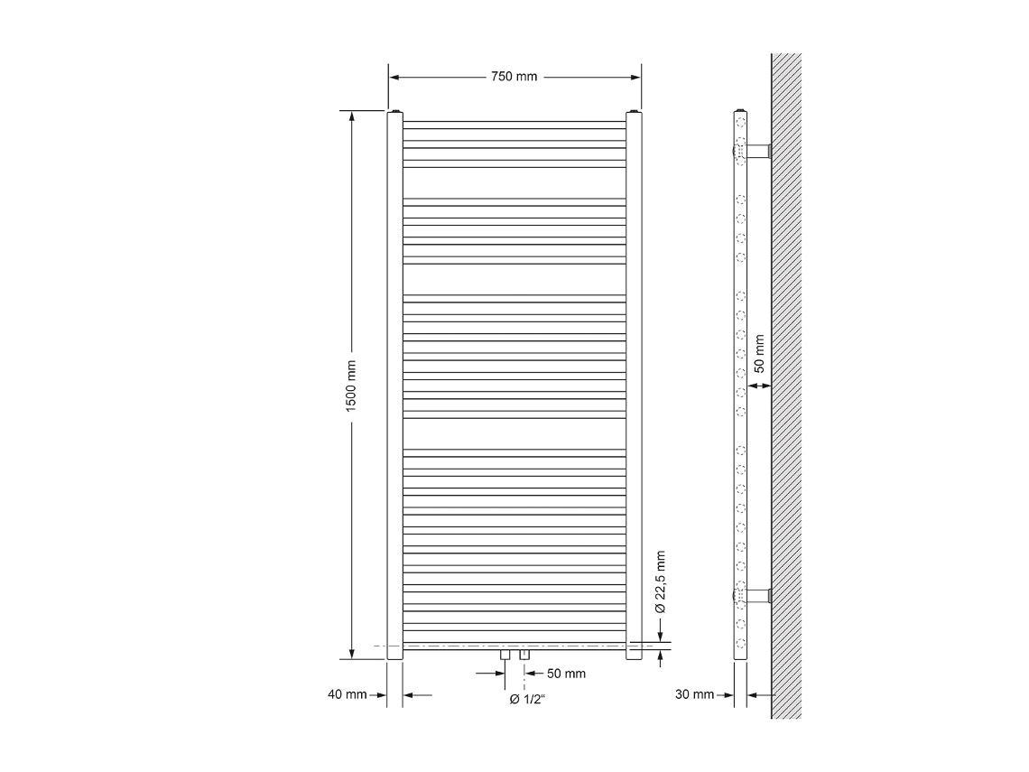 Radiador De Casa De Banho De Ligação Central 750x1500 Mm Branco Direito Luxebath