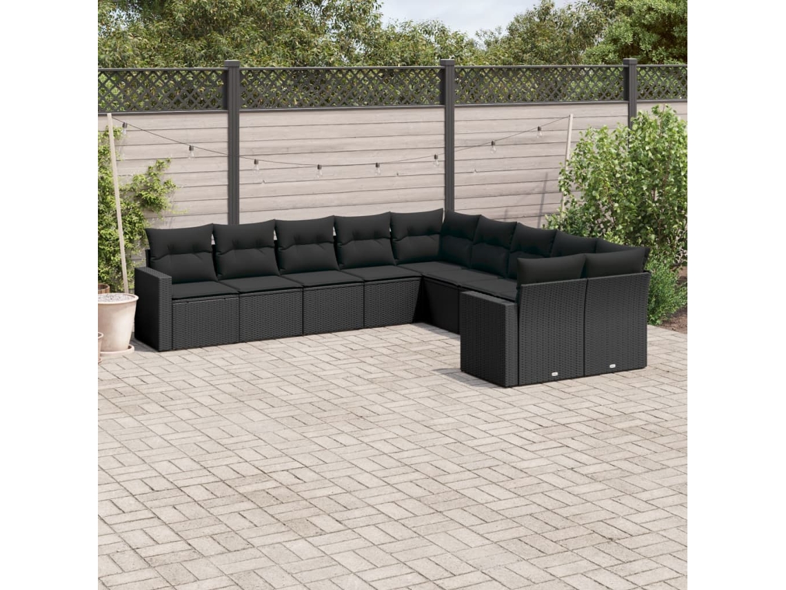Conjunto 10 sofás de jardim c/ almofadões VIDAXL vime PE preto
