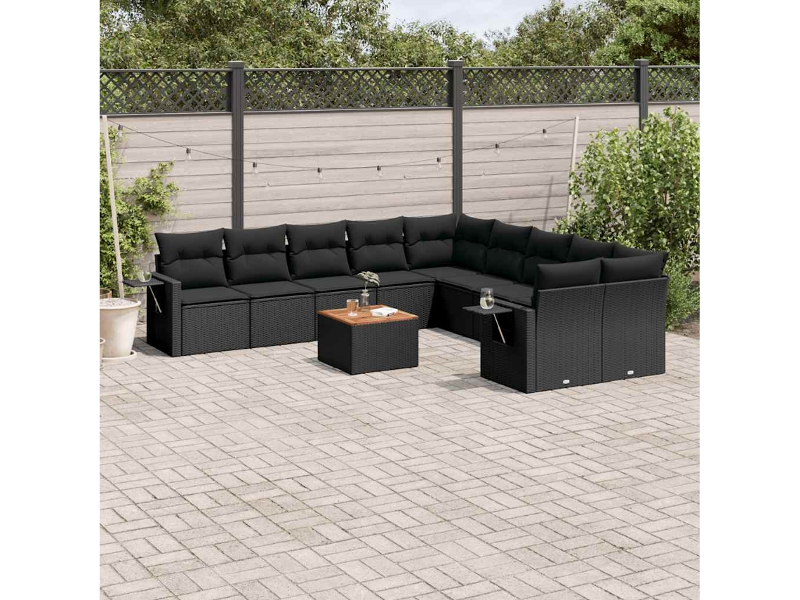 Conjunto 11 sofás de jardim c/ almofadões VIDAXL vime PE preto