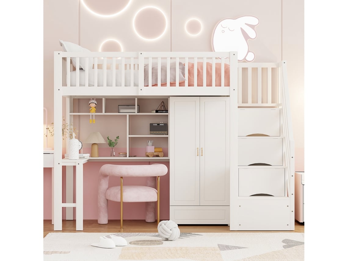 Cama Loft 90x200 Cm Com Guarda Roupa, Estante E Mesa, Escada De Armazenamento, Estrutura De Madeira Sólida, Cor Branca Haochrymec (251 X 96 X 180 Cm)