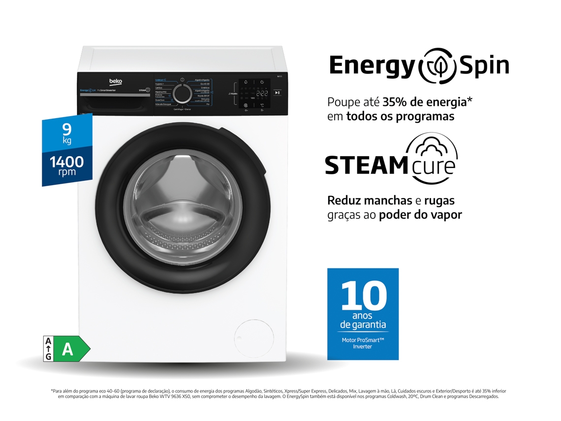 Máquina de Lavar Roupa BEKO EnergySpin BM3WFSU39413 (9 kg - 1400 rpm - Branco)