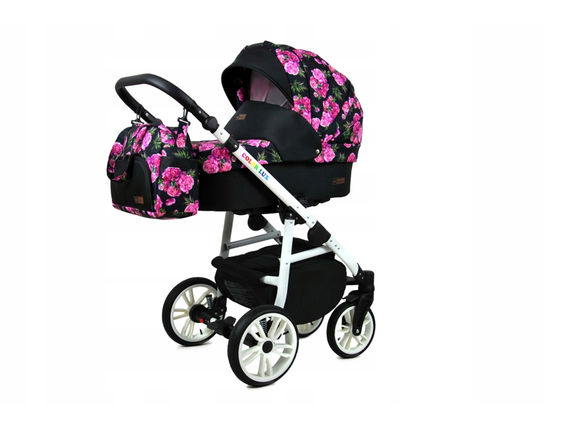 Carrinho de Bebé Multifuncional BABYLUX CLASSIC GOLD 4 Em 1 -Bouquets Peony On Black WHITE FRAME - Ajustável e dobrável Construção leve em alumínio