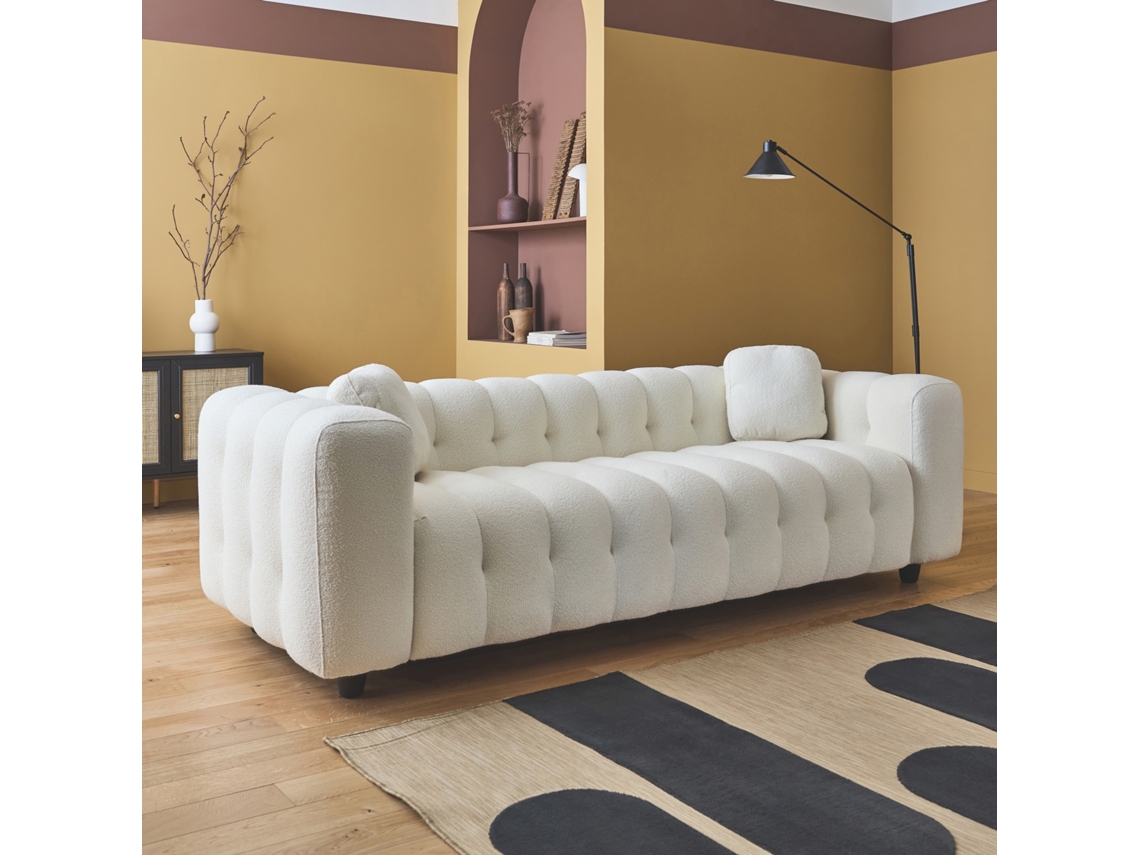 Sofá Estofado em Tecido Boucle Texturado de 3 Lugares Creme SWEEEK