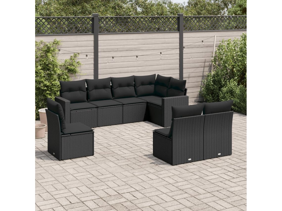 Conjunto 8 sofás de jardim VIDAXL com almofadões vime PE preto
