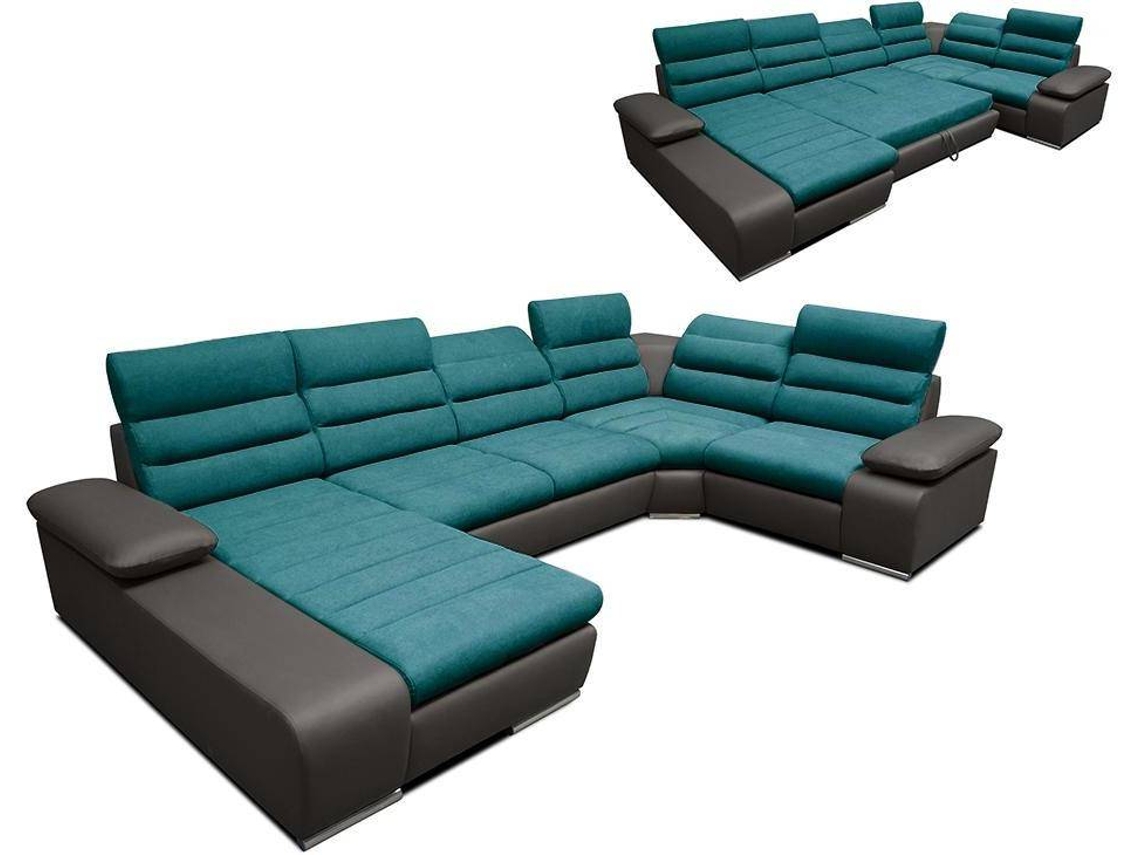 Sofá Cama Boileau VENTE-UNIQUE (Cinza Antracite e Azul Turquesa - Pele sintética - 362x217x100 cm/Dimensões da cama: 120 – 139 cm)