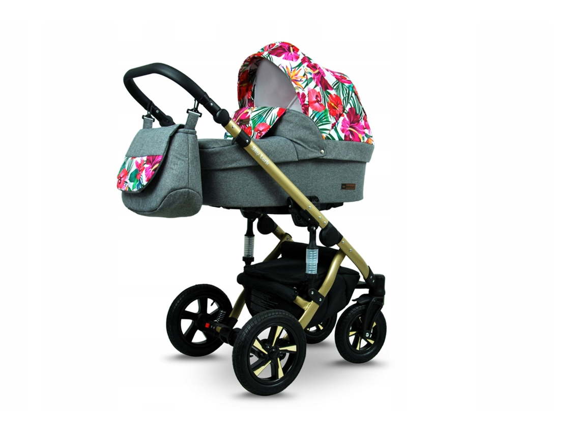 Carrinho de Bebé Multifuncional BABYLUX SKY LARK 4 Em 1 -Grey Flex Hibiscus GOLD FRAME - Ajustável e dobrável Construção leve em alumínio - Acessórios