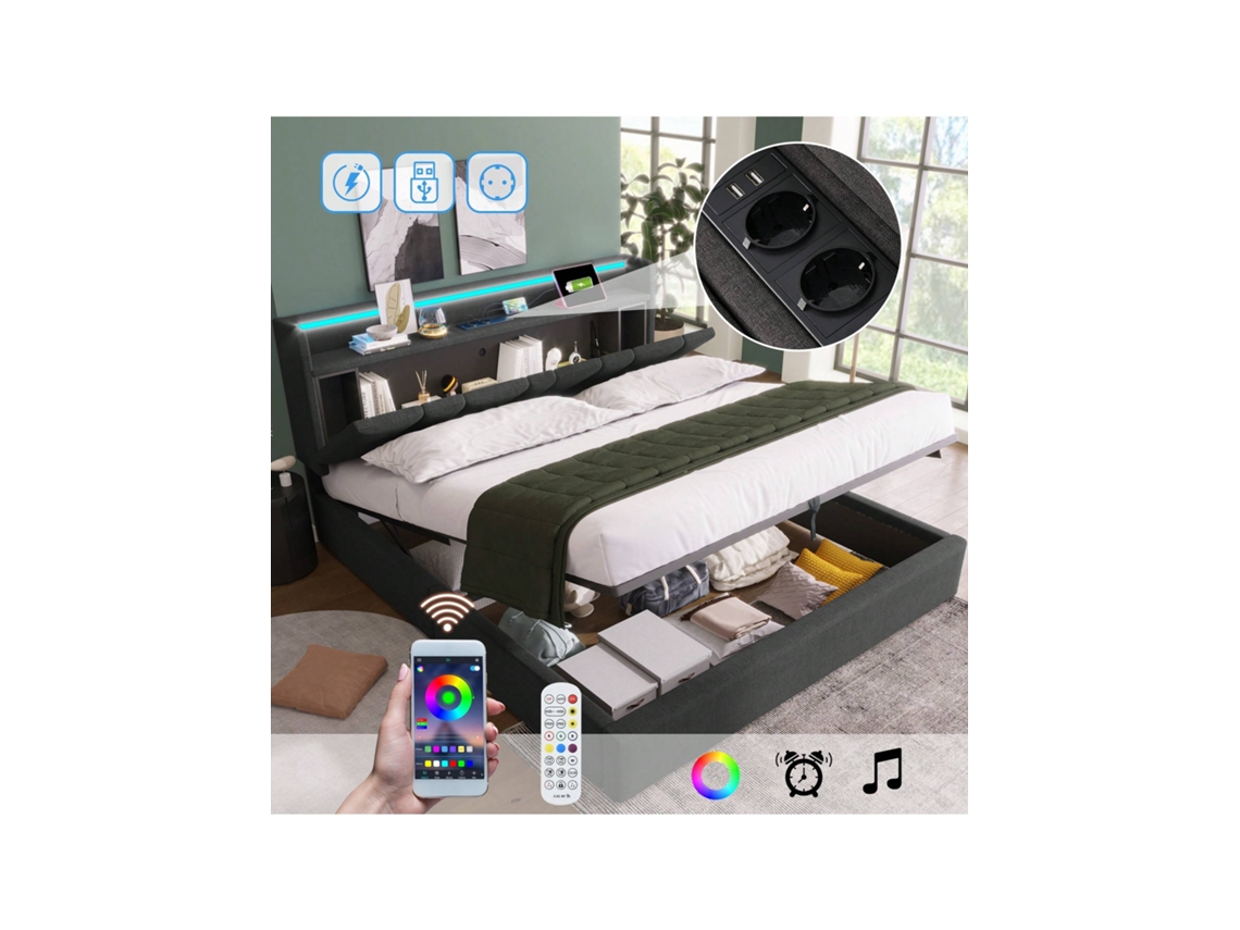 Cama Casal 160x200cm Com Usb, Led, Gavetas E Cabeceira - Estrutura Em Madeira, Cinza (sem Colchão)