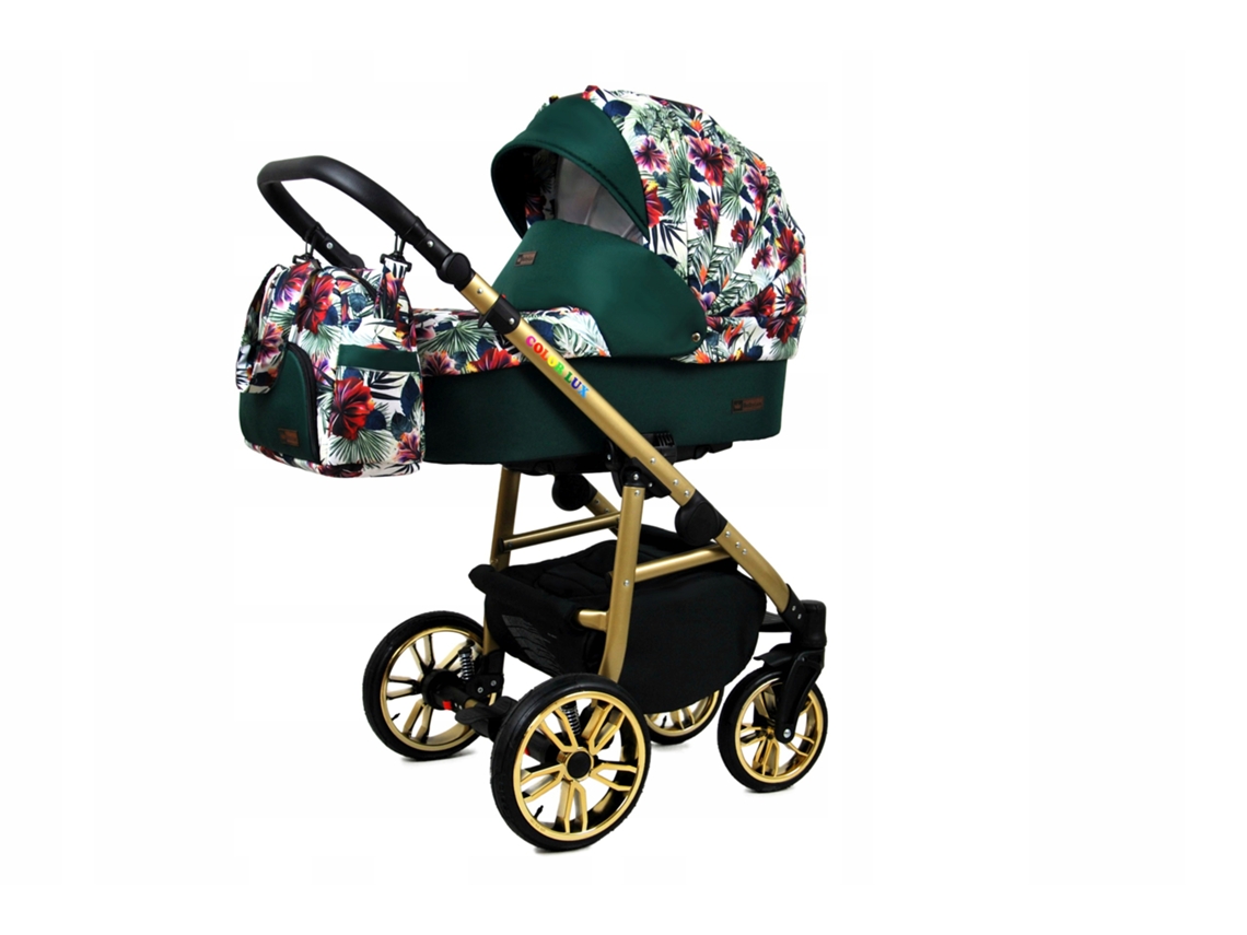 Carrinho de Bebé Multifuncional BABYLUX CLASSIC GOLD 4 Em 1 -Chili Flowers GOLD FRAME - Ajustável e dobrável Construção leve em alumínio - Acessórios