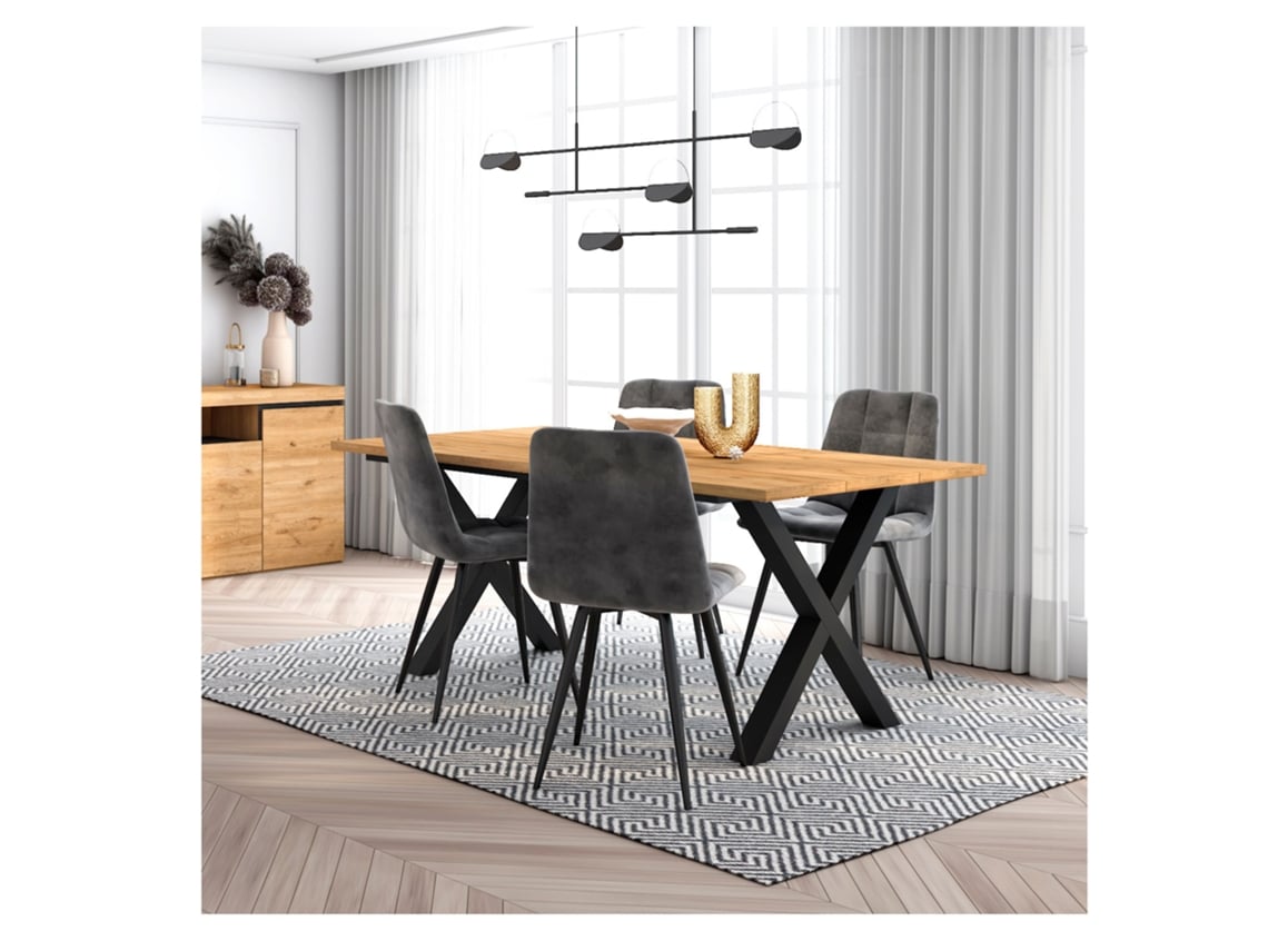 Conjunto Móveis Mesa de Sala de Jantar 170 Oak Estilo Industrial Mesa Jantar Conjunto de 4 Cadeiras de Jantar Cadeira Estofada DUERMETE ONLINE