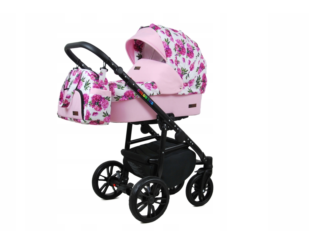 Carrinho de Bebé Multifuncional BABYLUX CLASSIC GOLD 4 Em 1 -Bouquets Peony On White BLACK FRAME - Ajustável e dobrável Construção leve em alumínio